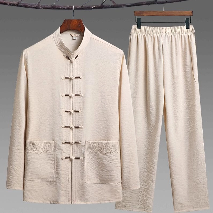 Bisque color tang suit two-piece set with frog buttons - complete shirt and pants in warm neutral tone