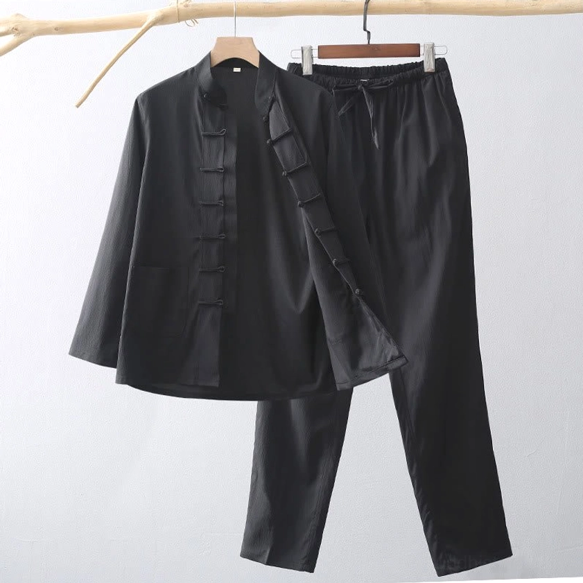 Black traditional tang suit two-piece set with frog button closure and elastic waist trousers