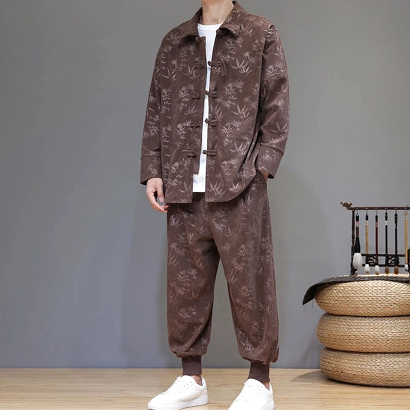 Black corduroy tang suit with bamboo leaf pattern and frog buttons