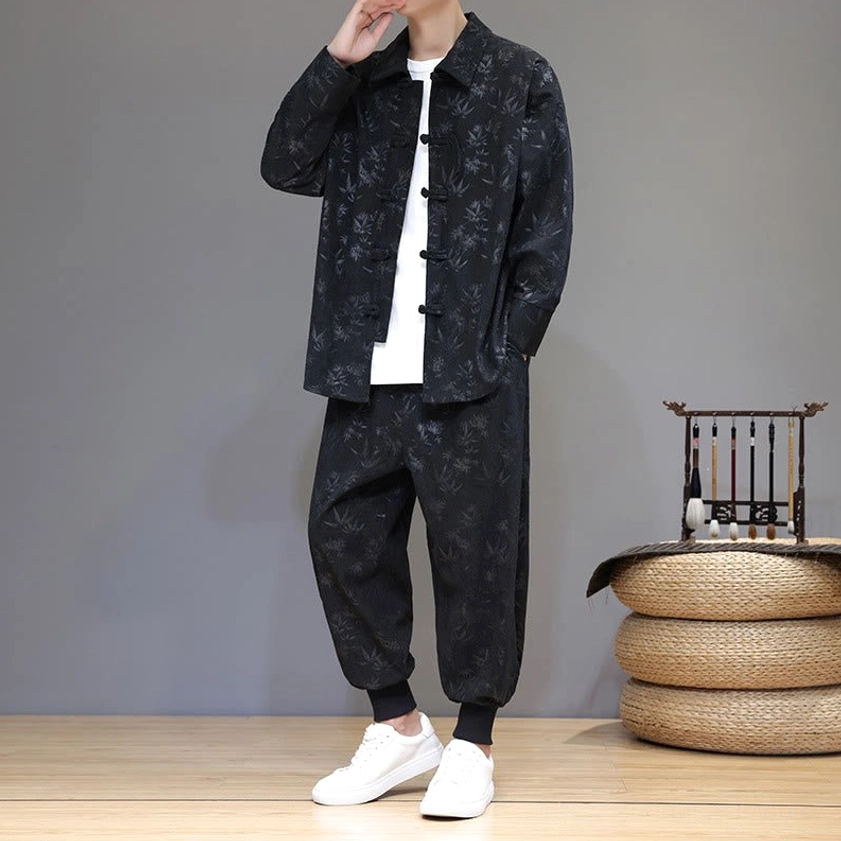 Men's black corduroy tang suit with bamboo print, three-quarter left front view