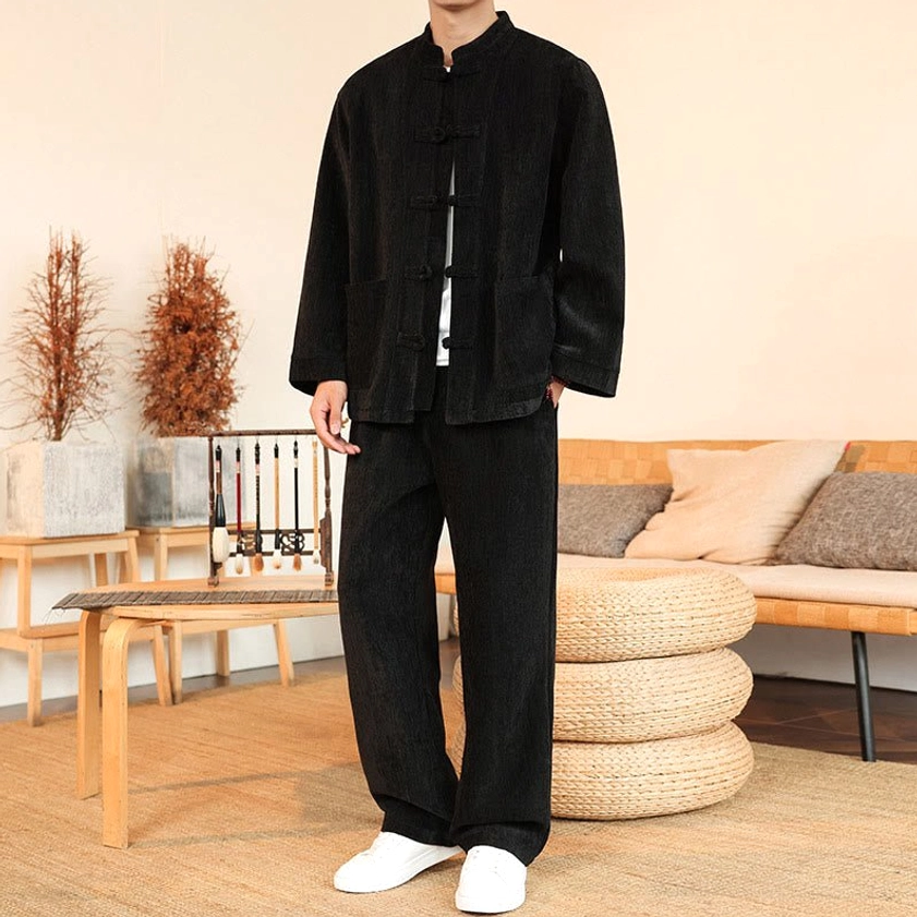 Men's black corduroy Tang suit full outfit front view