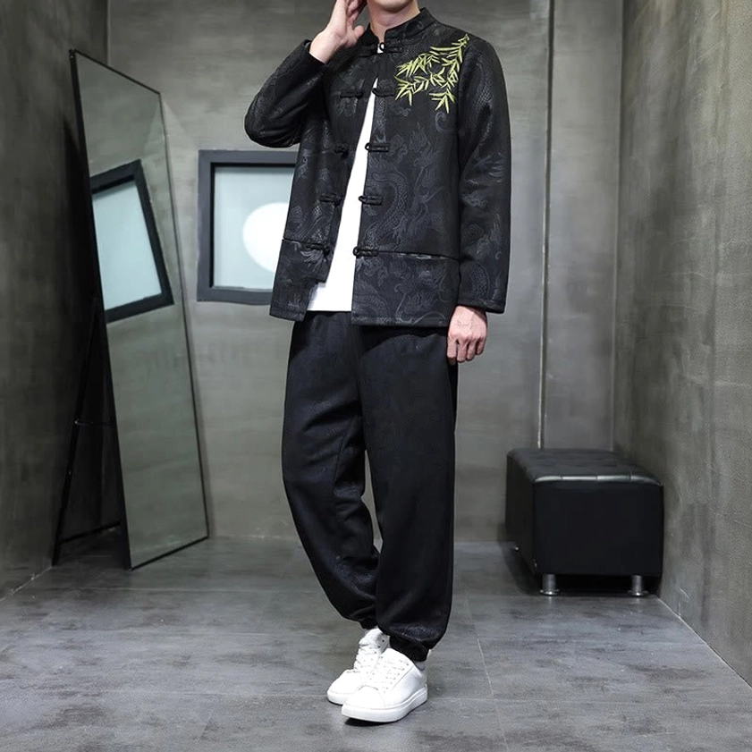 Men's Tang suit two-piece set in black with Dragon Bamboo embroidery and frog button closure