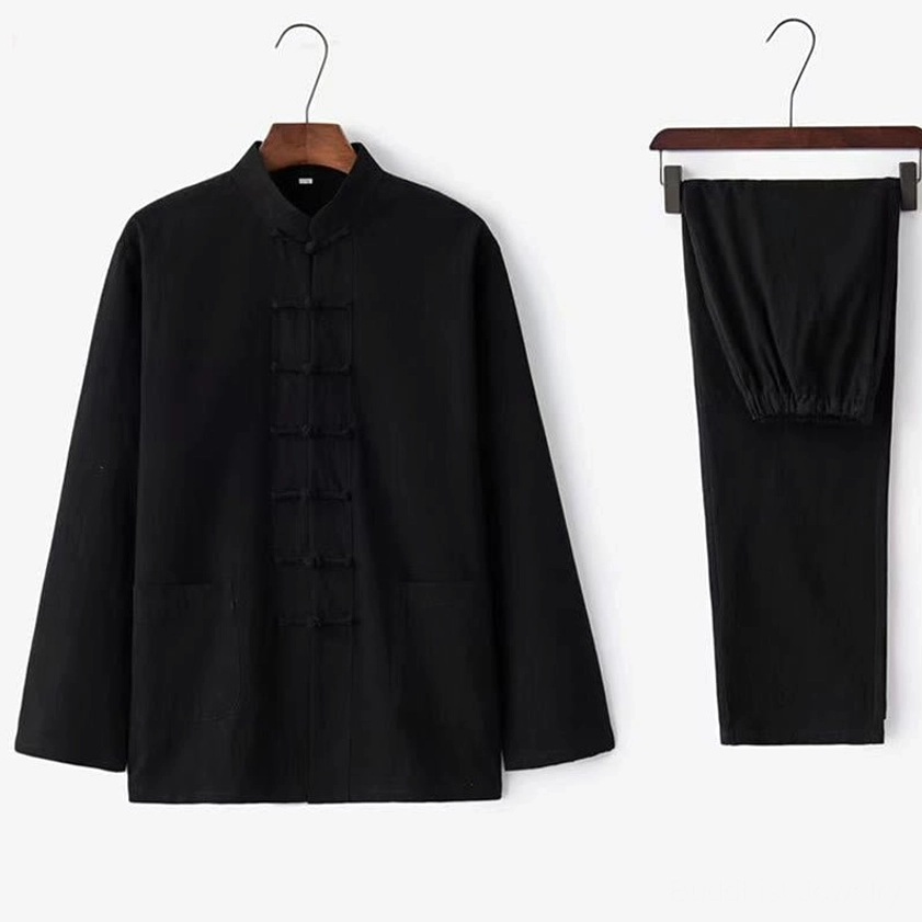 Men's black Tang suit with elastic cuff pants and traditional frog button closure, complete set display
