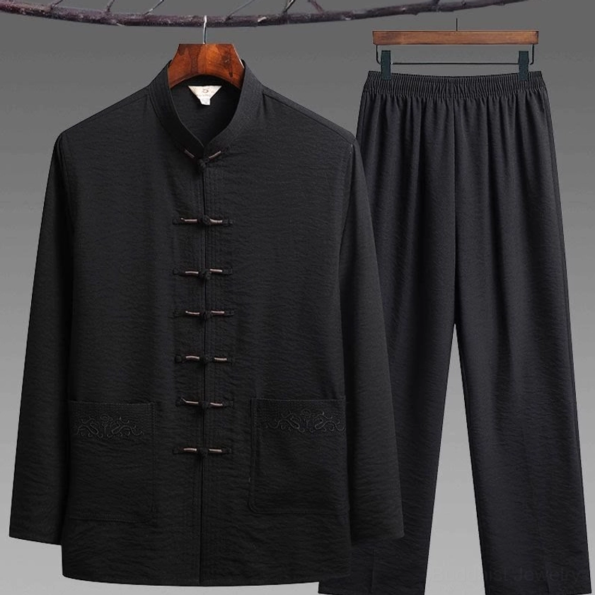 Black tang suit two-piece set with frog button closures, stand collar, embroidered pockets, and straight-leg pants