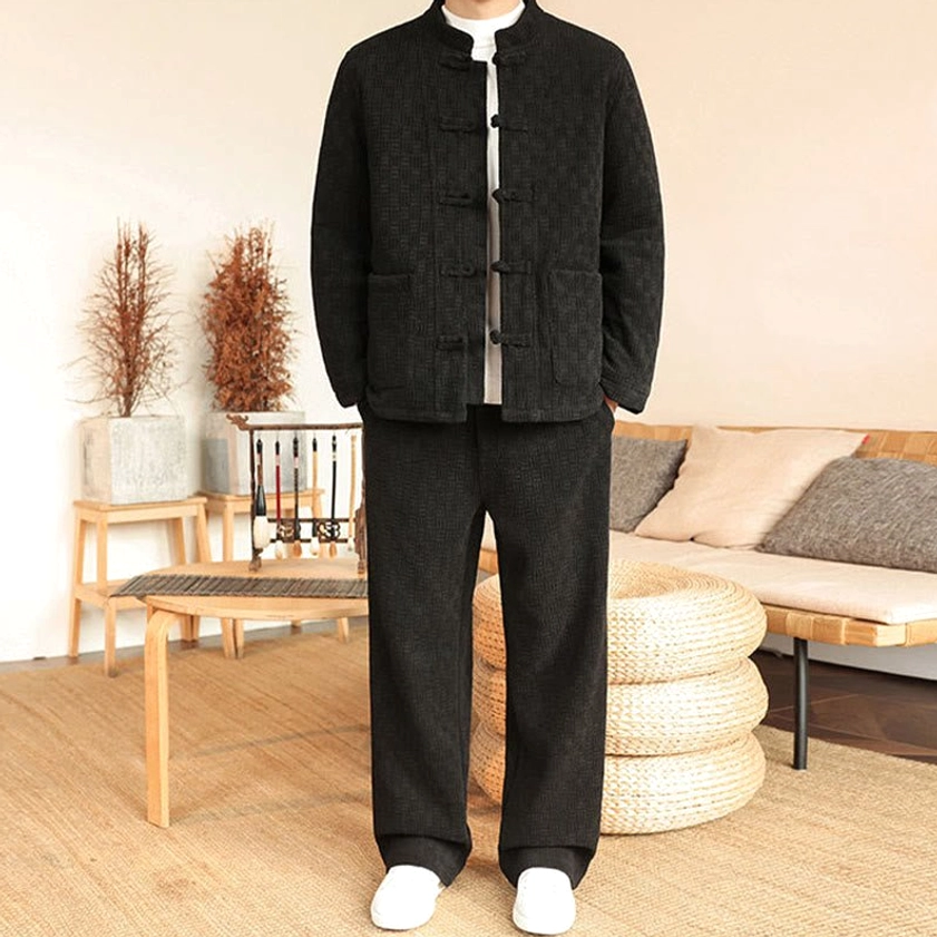 Men's traditional Tang suit jacket and pants set in black color, full front body view with stand collar
