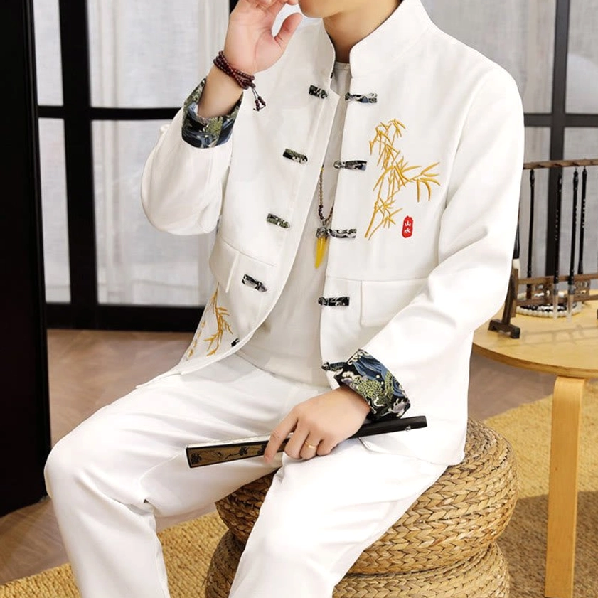 Men's traditional Tang suit set - casual wear styling with bamboo embroidered design