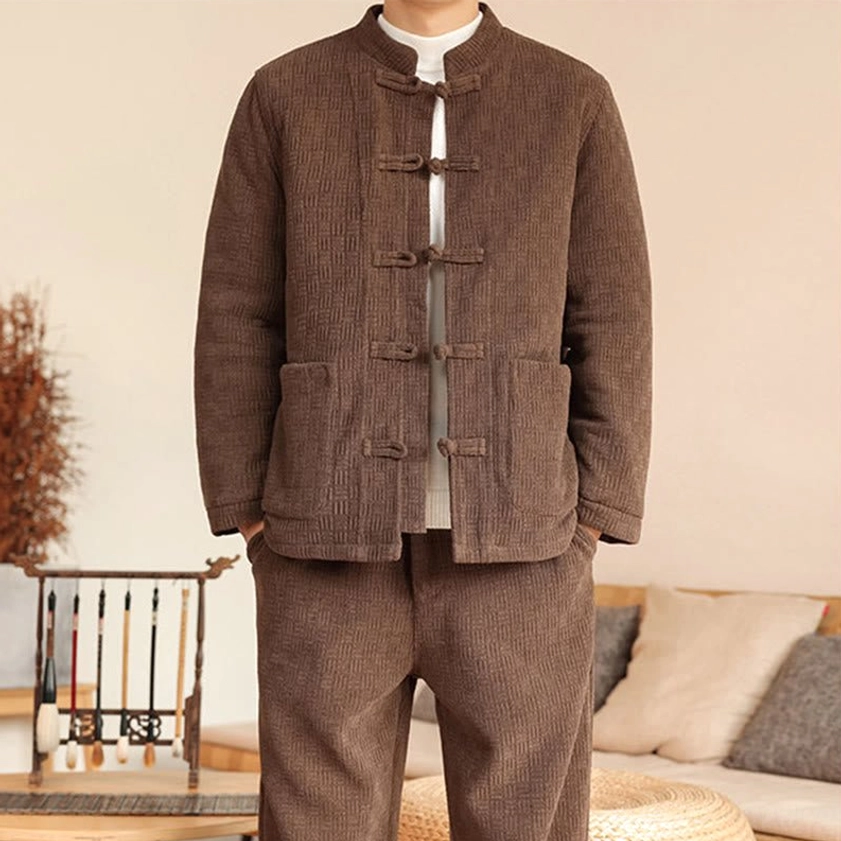 Men's traditional Tang suit jacket and pants set, full front body view highlighting authentic Chinese craftsmanship
