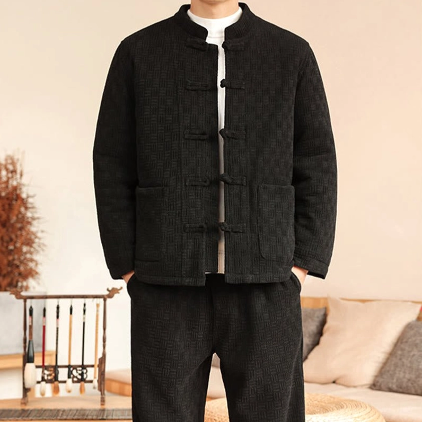 Men's Tang suit cotton padded two-piece, front full body shot showcasing traditional Chinese design elements