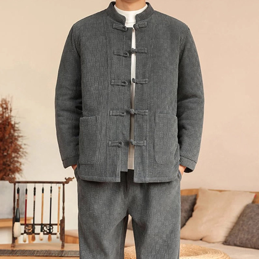 Men's Tang suit cotton padded set, close-up front view of frog buttons, stand collar, and patch pocket details