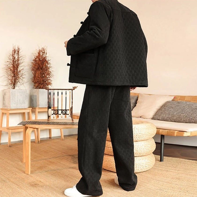 Men's Tang suit cotton padded jacket and pants, detail view of collar and button closure system