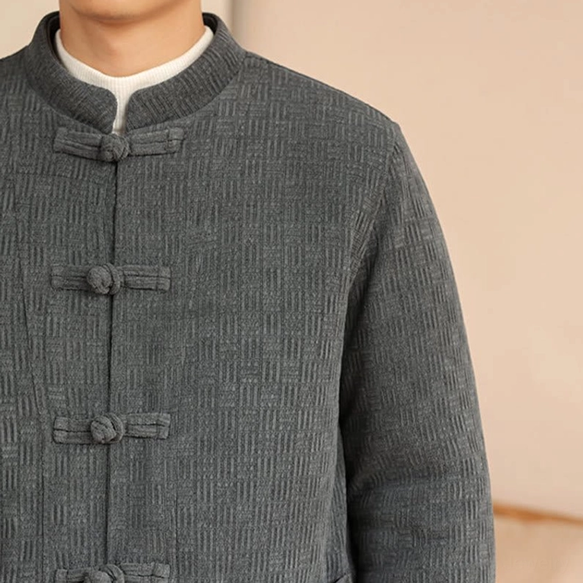 Men's Tang suit cotton padded ensemble, quality construction detail showing stand collar and traditional design