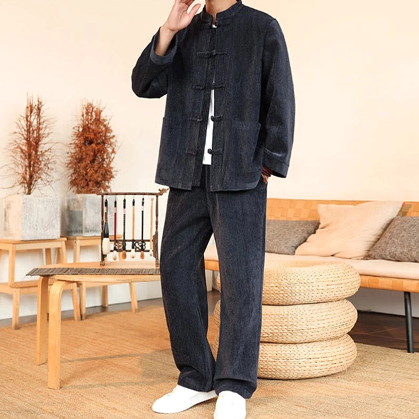 Men's Tang suit three-quarter front view with hand adjusting collar detail