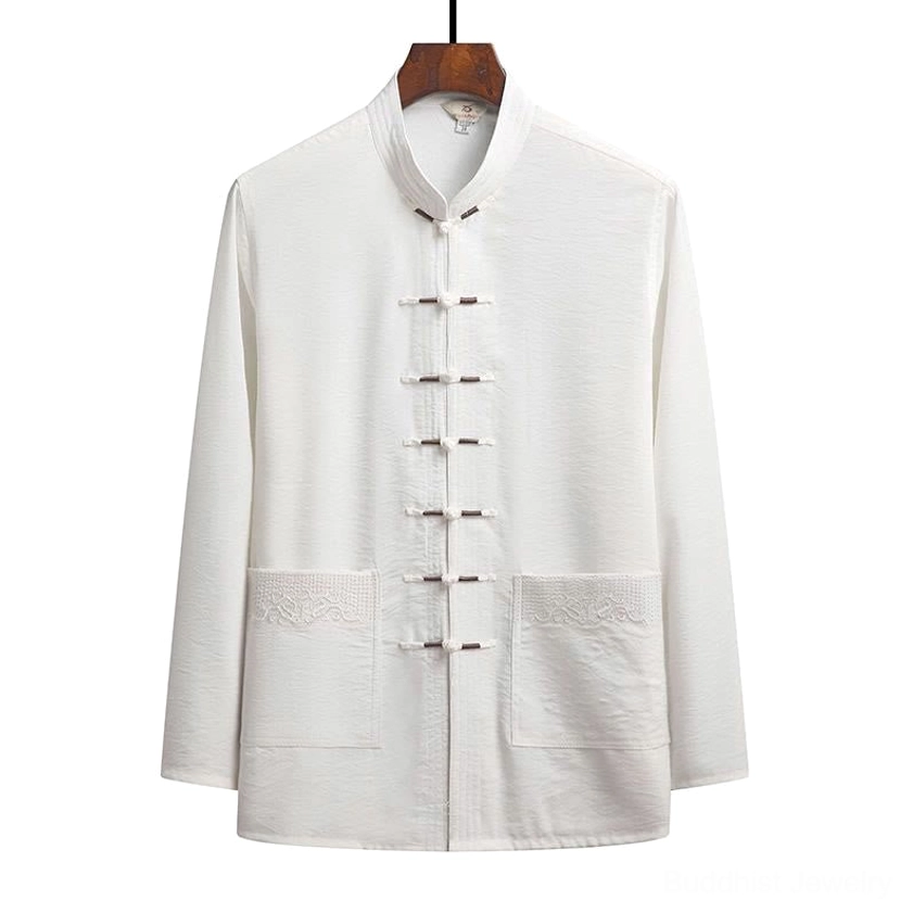 Men's traditional tang suit complete two-piece set with frog buttons and embroidered details - formal wear display