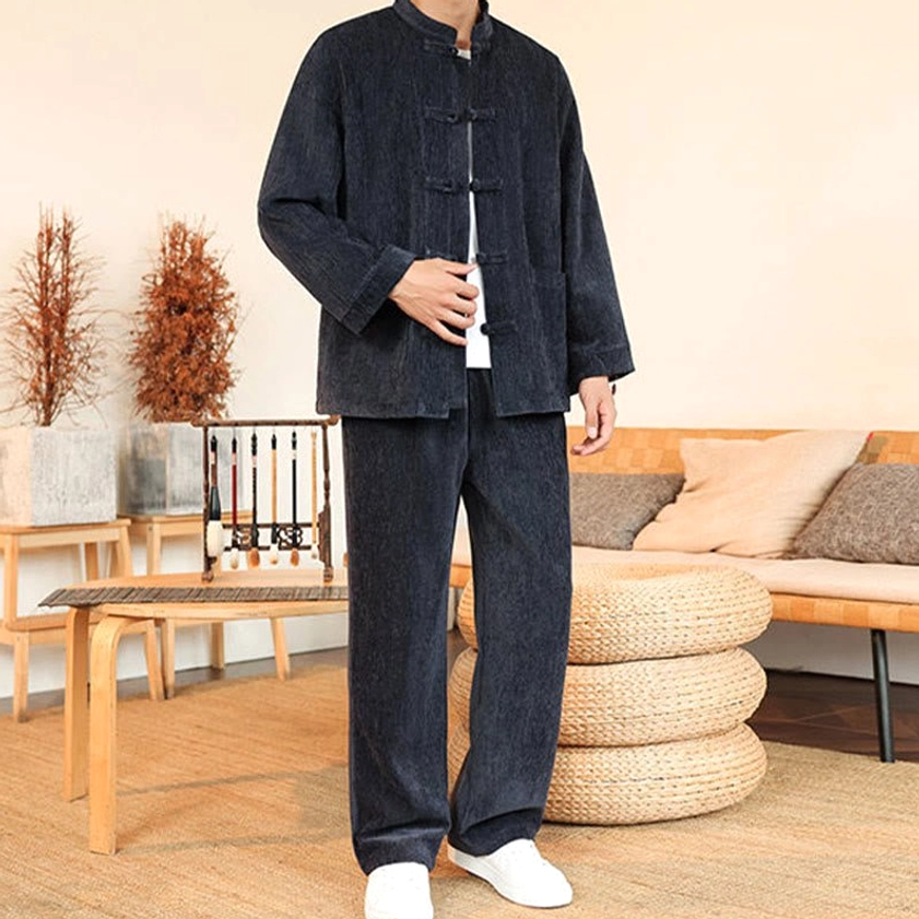 Men's traditional Tang suit complete side view showing jacket length and pant fit