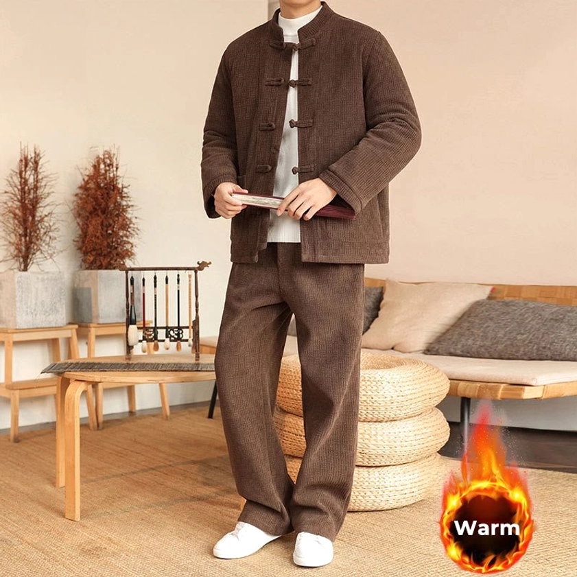 Men's Tang suit cotton padded ensemble, full body front angle showing complete two-piece set