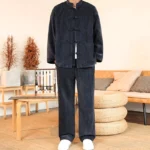Men's corduroy Tang suit full-body front view with frog buttons and stand collar in traditional Chinese style