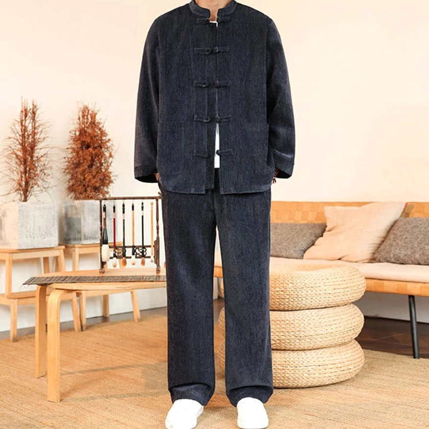 Men's corduroy Tang suit full-body front view with frog buttons and stand collar in traditional Chinese style