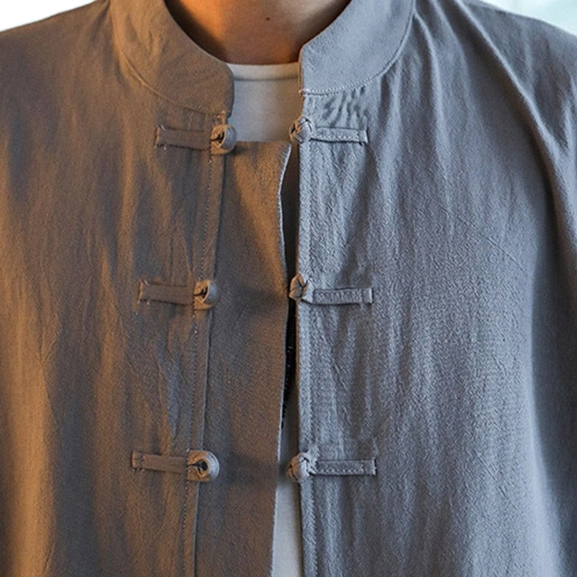 Men's gray Tang suit set detail shot showcasing premium cotton-linen blend fabric quality
