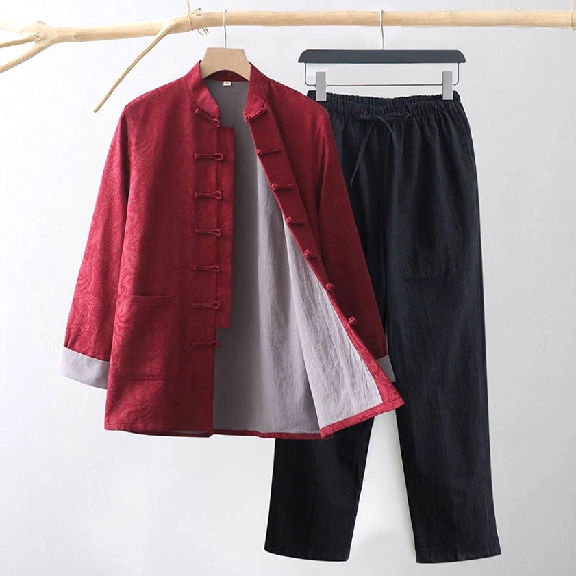 Men's crimson red Tang suit two-piece set with frog buttons - full display of jacket and pants in burgundy color