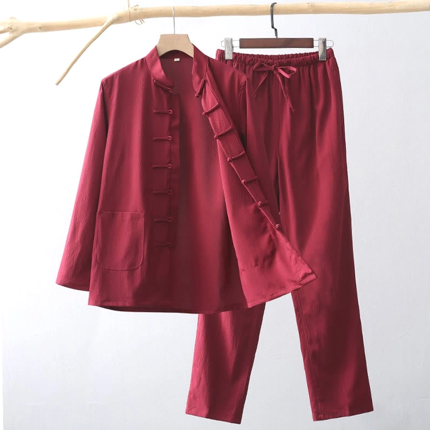 Crimson red tang suit traditional two-piece set featuring frog button shirt and straight leg trousers