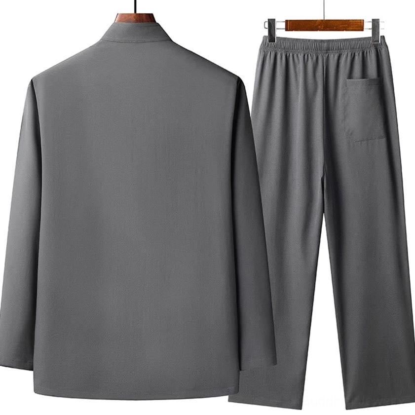 Men's dark gray Tang suit back view showing solid color design and back pocket details, studio product photography