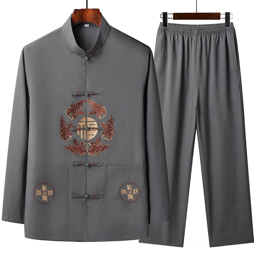 Dark gray men's Tang suit set with pocket embroidery and frog closures, front hanging display showcasing handcrafted details
