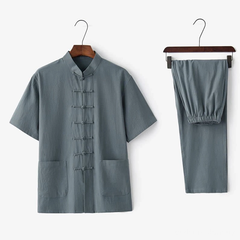 Men's dark gray traditional Tang suit two-piece set with frog button collar and matching pants, front view on mannequin