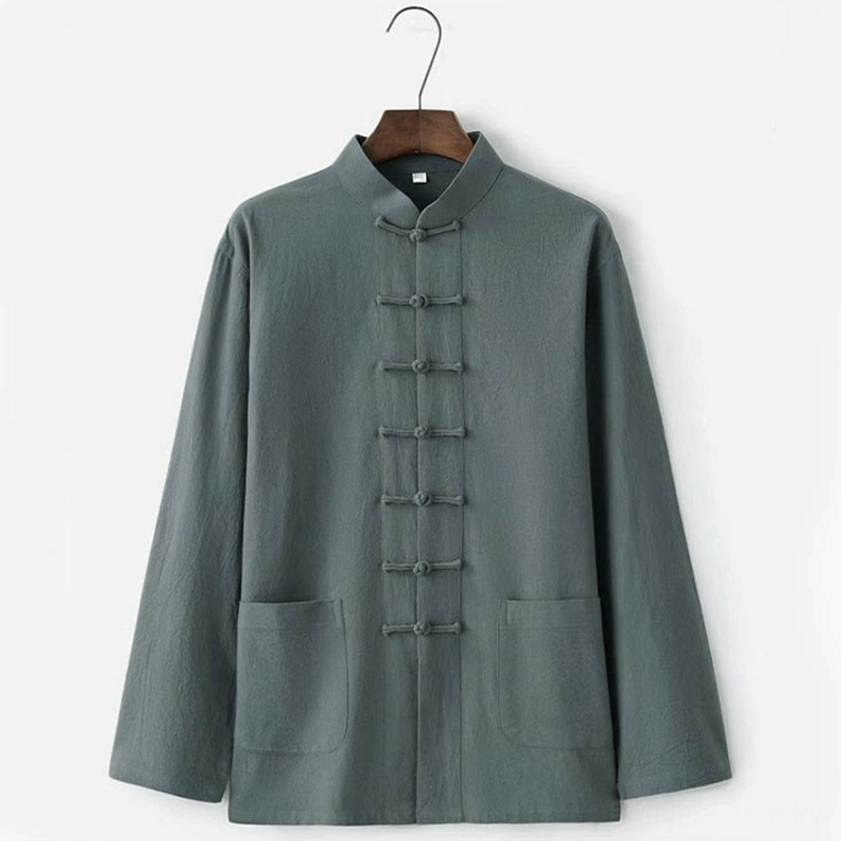 Men's dark green Tang suit jacket with stand collar, traditional frog buttons, and side patch pockets detail