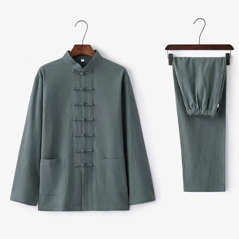 Men's dark green Tang suit two-piece set with elastic waist pants and linen texture, front hanging view