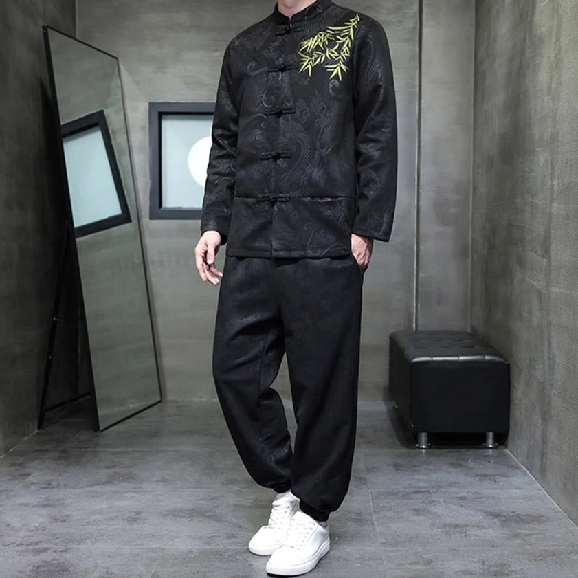 Men's Tang suit complete set showcasing dragon and bamboo cultural symbolism