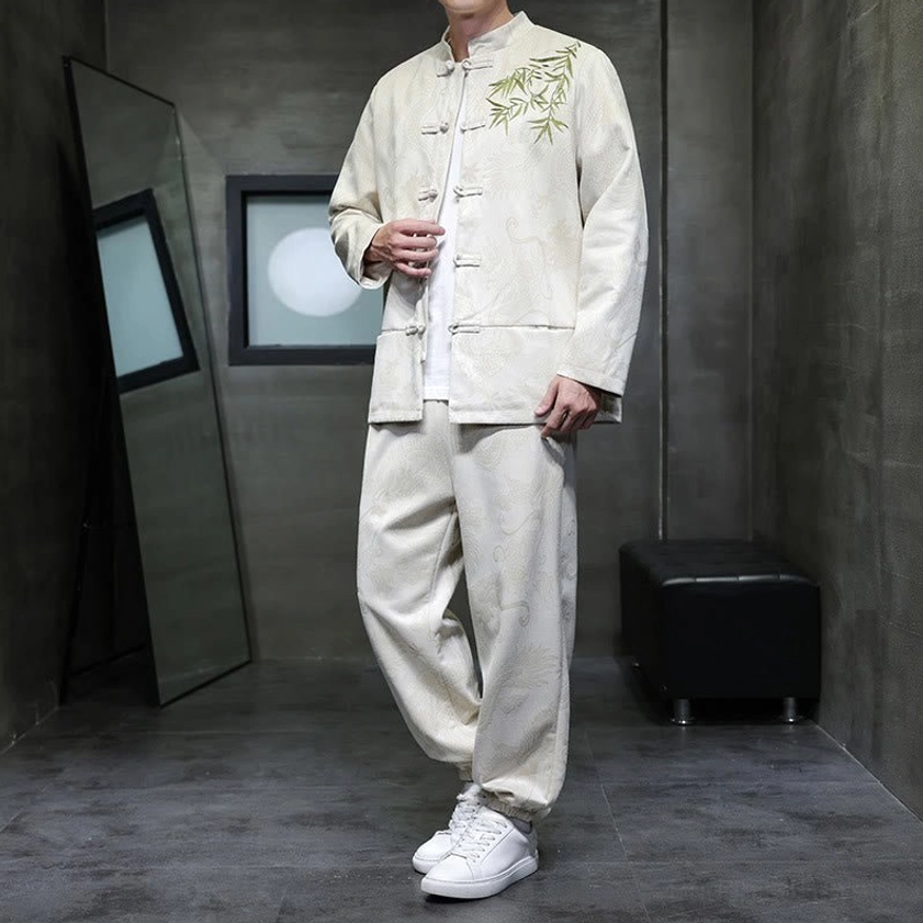 Men's Dragon Bamboo Tang Suit two-piece set with embroidered chest detail, front three-quarter view in off-white cotton