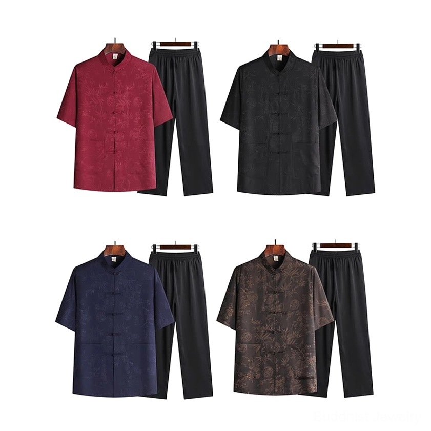 Men's tang suit short sleeve top showing elastic waistband pants with functional side pockets