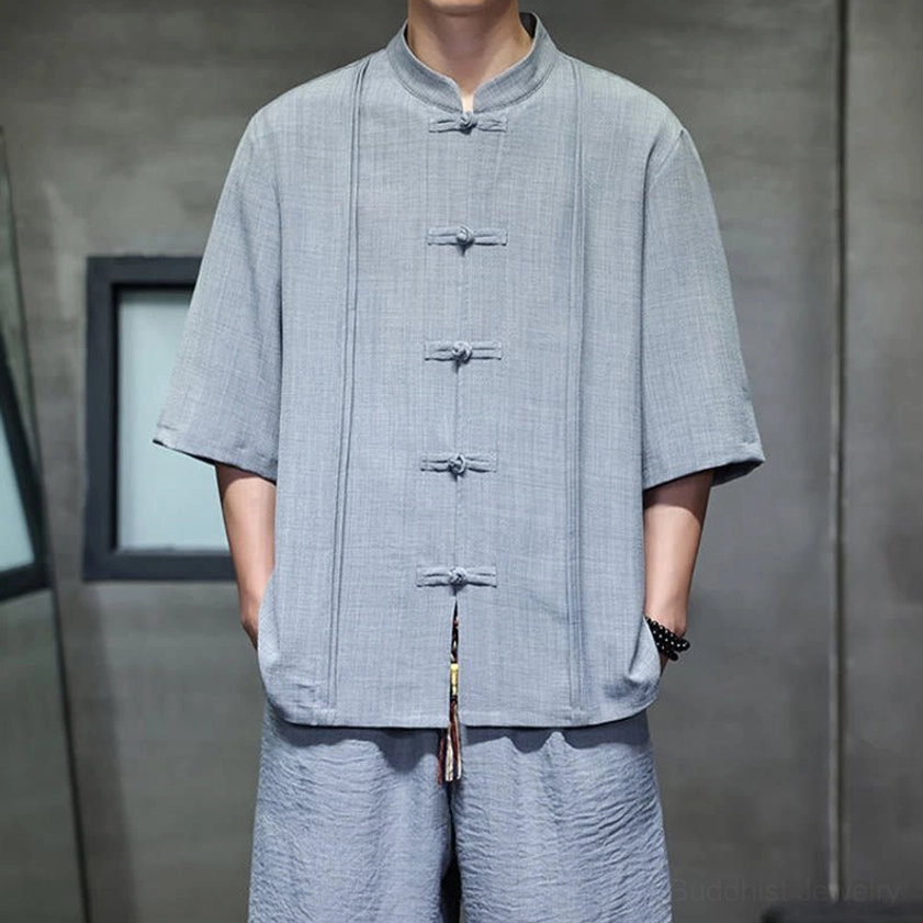 Close-up of men's meditation suit fabric texture and craftsmanship in linen polyester blend