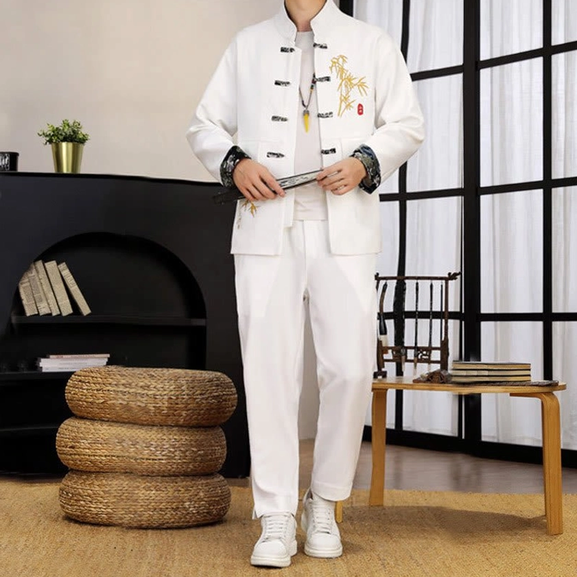 Men's Tang suit firebrck color - full ensemble showing frog buttons and stand collar design