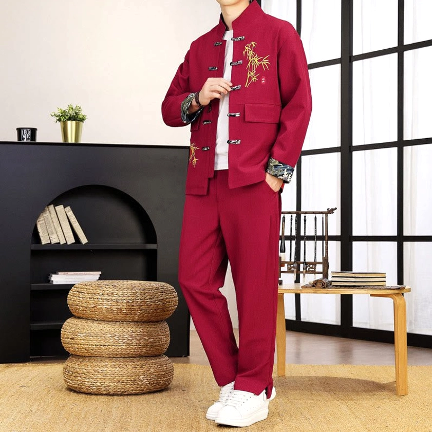 Men's traditional Tang suit firebrck color - complete two-piece set with frog button closures