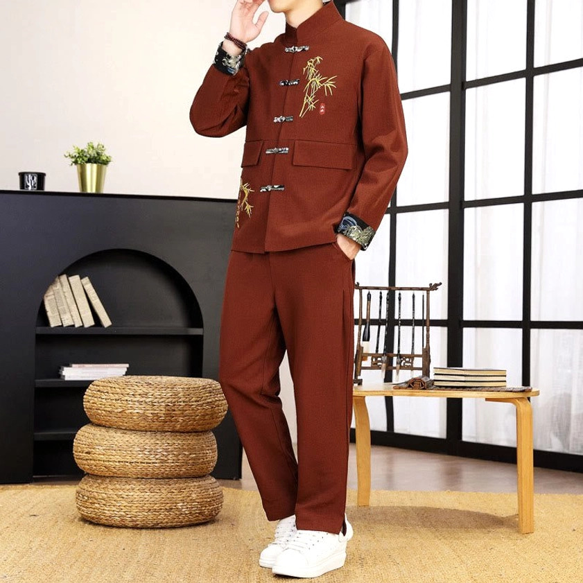 Men's Tang suit firebrick color two-piece set - complete outfit with bamboo embroidery