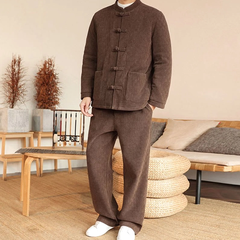 Men's Tang suit cotton padded ensemble, close-up front view of frog button closure and collar design