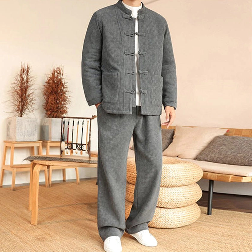 Men's traditional Tang suit jacket and pants, full front body shot with relaxed stance and natural hand positioning