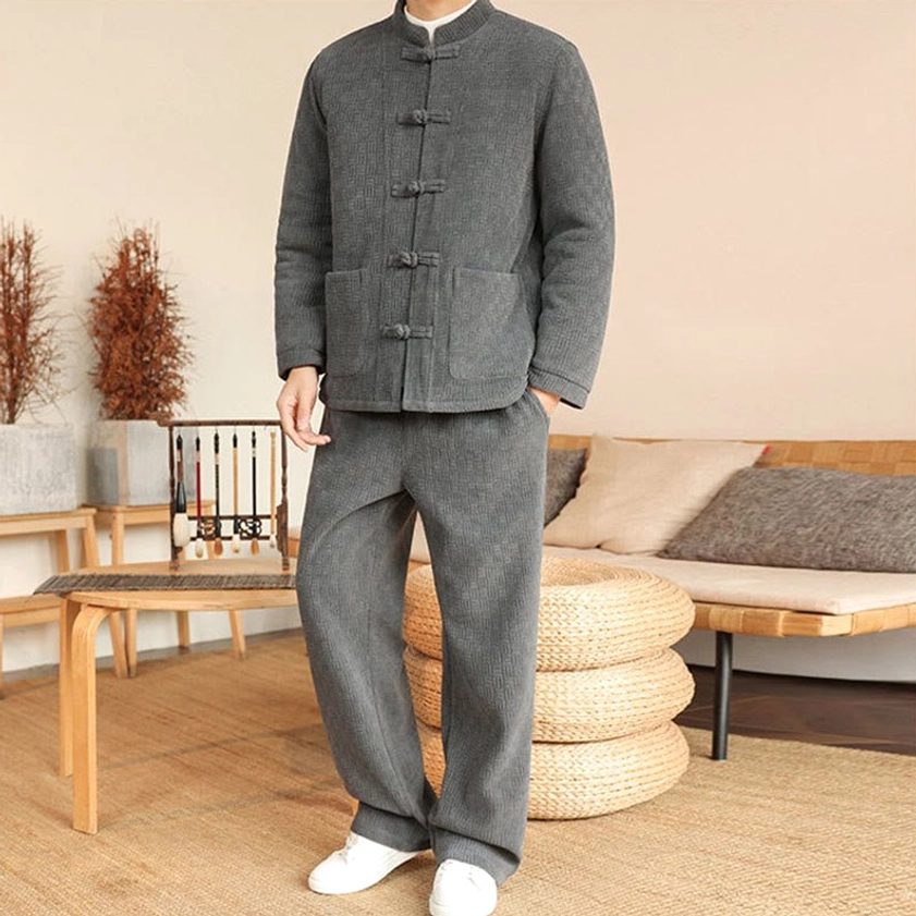 Men's traditional Tang suit two-piece, full front body angle with frog button stand collar and padded jacket