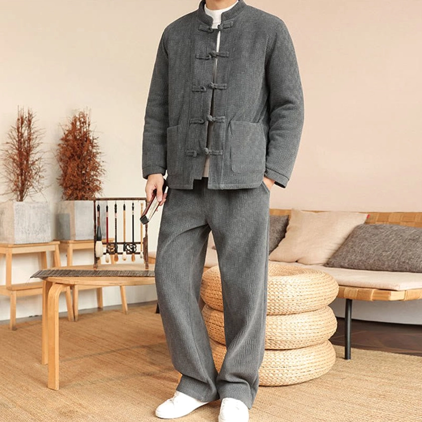 Men's Tang suit cotton padded jacket, front half view with detailed frog button and pocket design