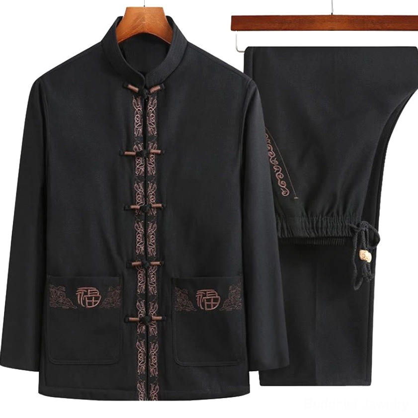 Men's black Tang suit jacket with Fu character embroidery and frog button closure, front view on wooden hanger