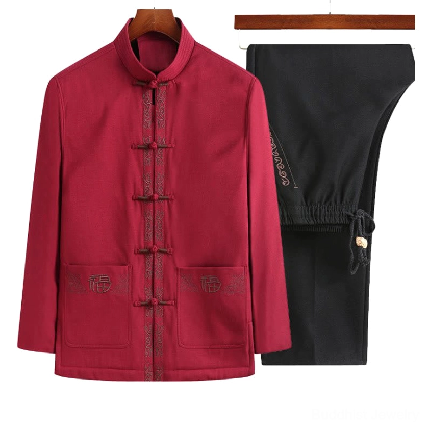 Men's burgundy red Tang suit jacket with frog buttons and Fu character embroidery, front display