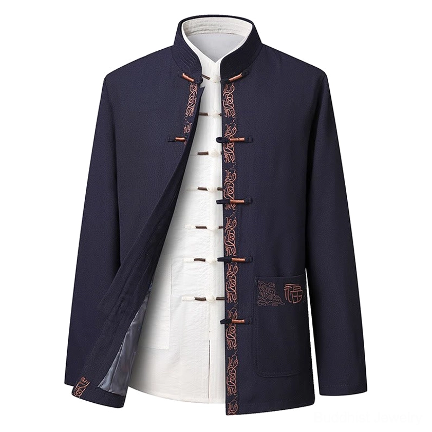 Men's steel blue Tang suit jacket with frog buttons and embroidered Fu character, front view on hanger