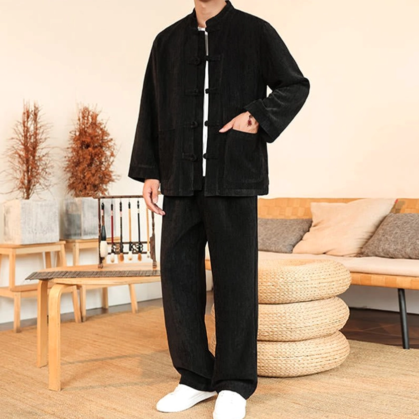 Men's Tang suit full-body view in traditional Chinese style setting