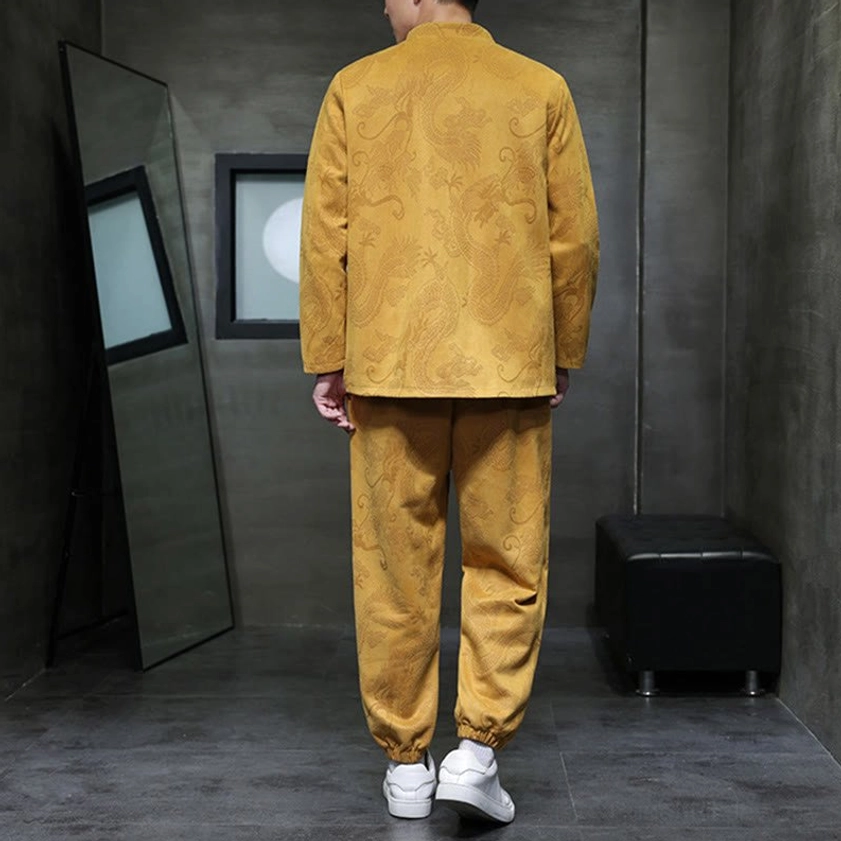 Full body view of Dragon Bamboo Tang suit set demonstrating overall silhouette and fit