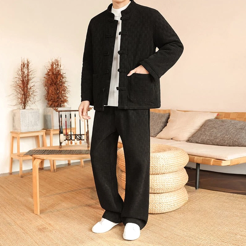 Men's traditional Tang suit ensemble, full front body view highlighting frog buttons and padded design