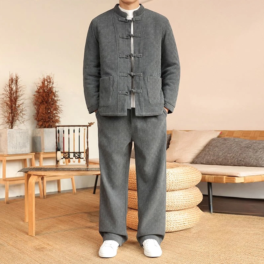 Men's traditional Tang suit cotton padded jacket and pants set, front full body view with frog button stand collar and straight leg pants in dark gray