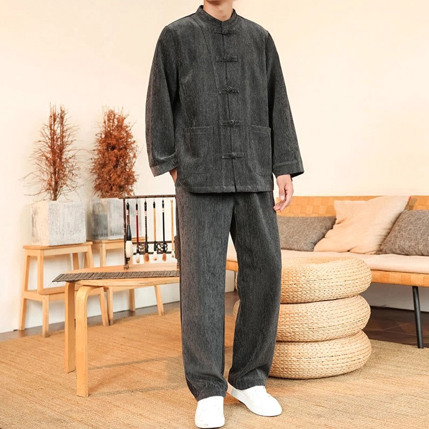 Men's gray corduroy Tang suit full-body front view traditional style