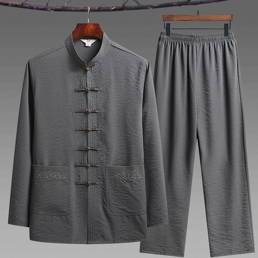 Men's dark gray tang suit two-piece set with frog closures and embroidered straight-leg pants - full hanging display