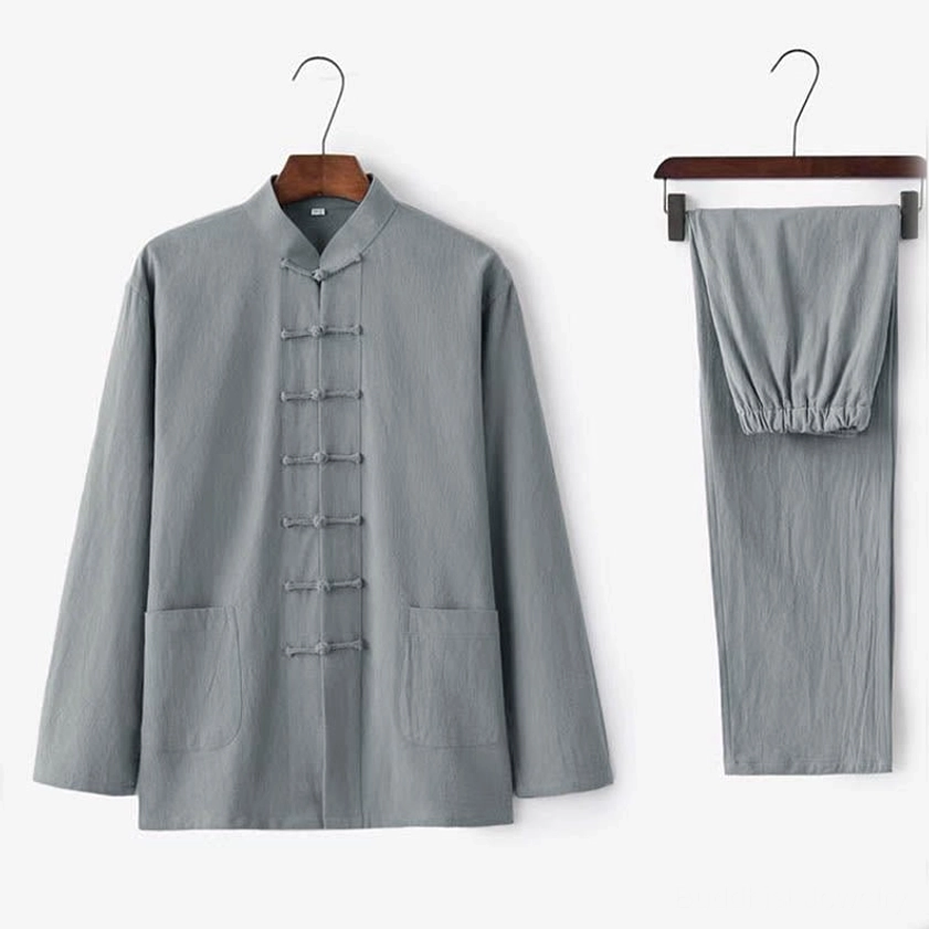 Men's gray Tang suit two-piece set with patch pockets and matching straight leg pants, studio display